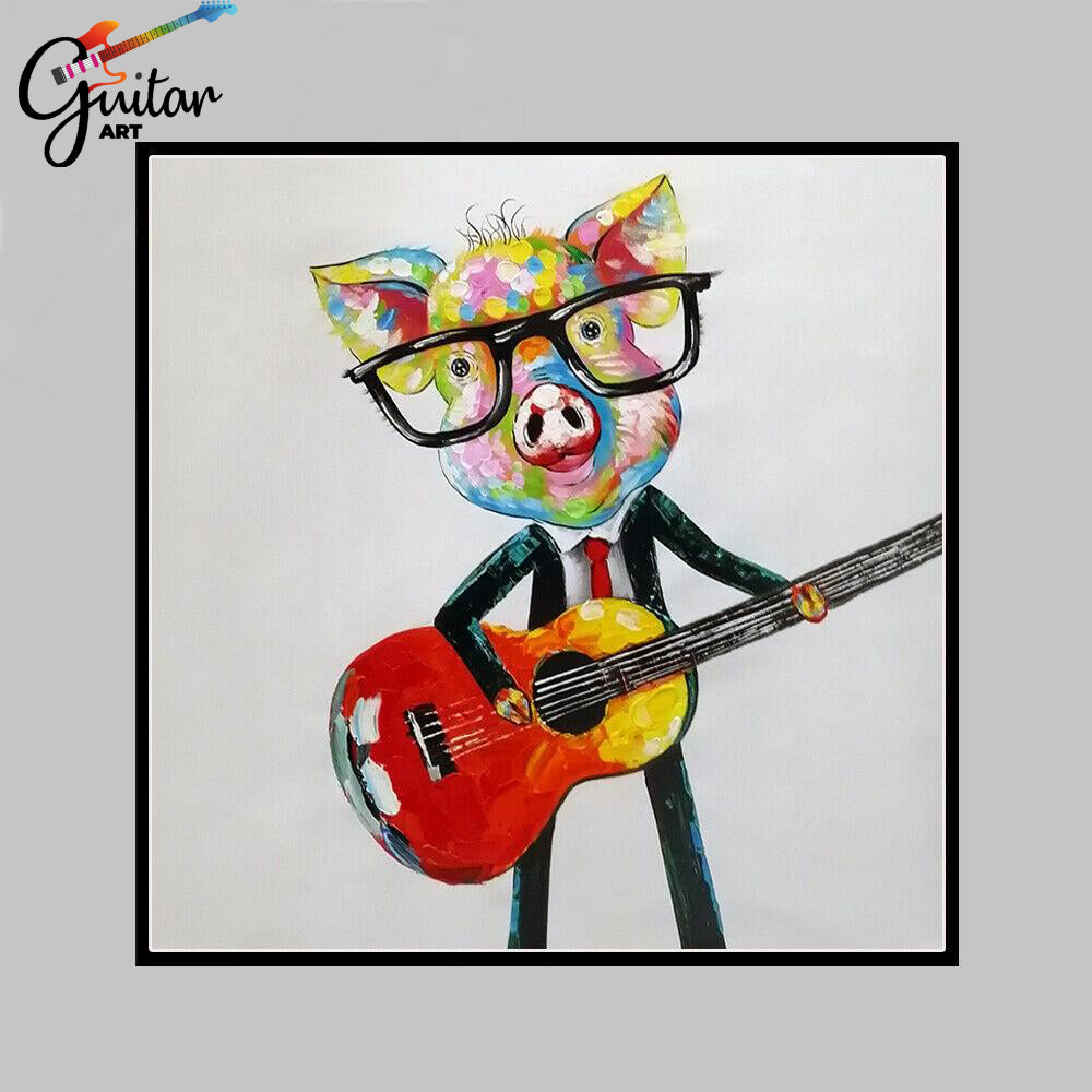 Abstract Hand Painted Oil Painting Happy Guitar Piggy