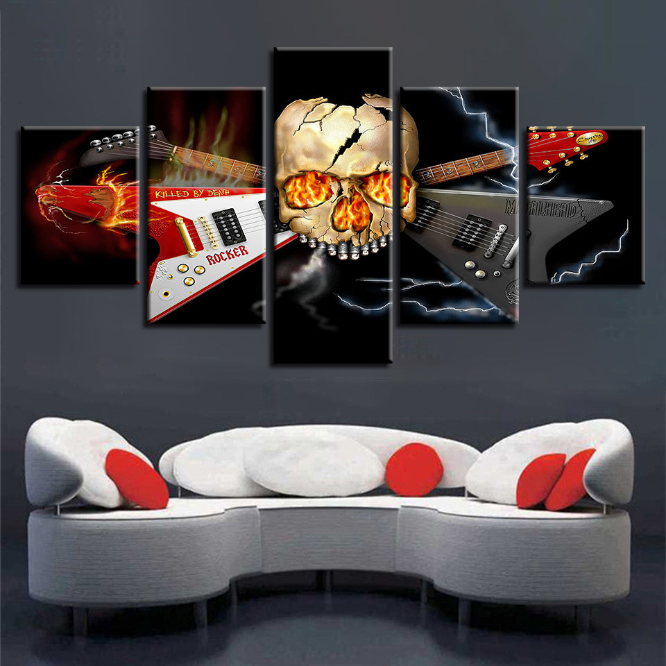 HD Prints 5 Pieces Skull And Guitar Canvas