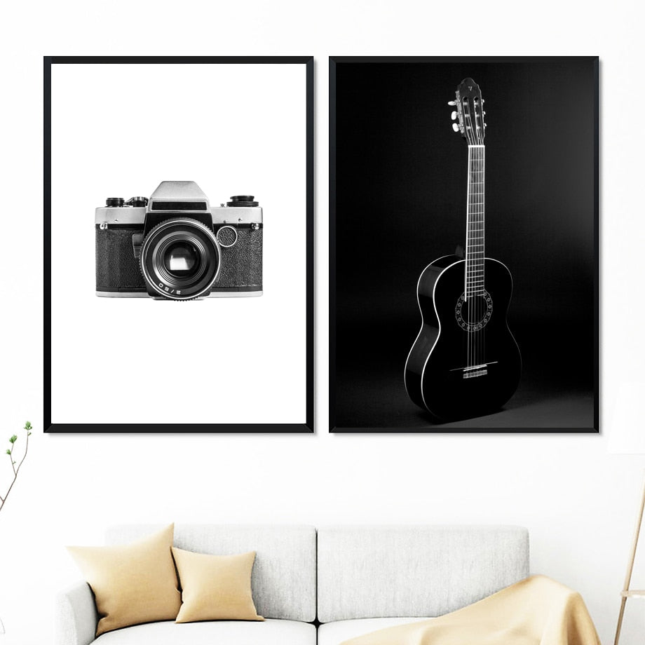 Camera Guitar Black & White Photo Canvas Painting