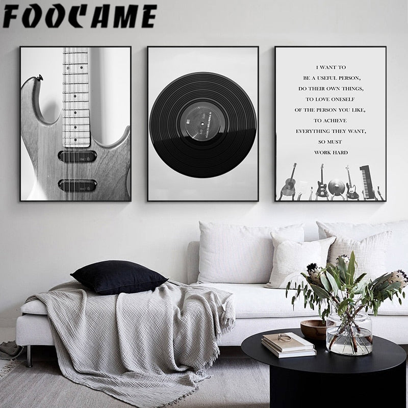 Retro Black & White Guitar Vinyl Records Canvas