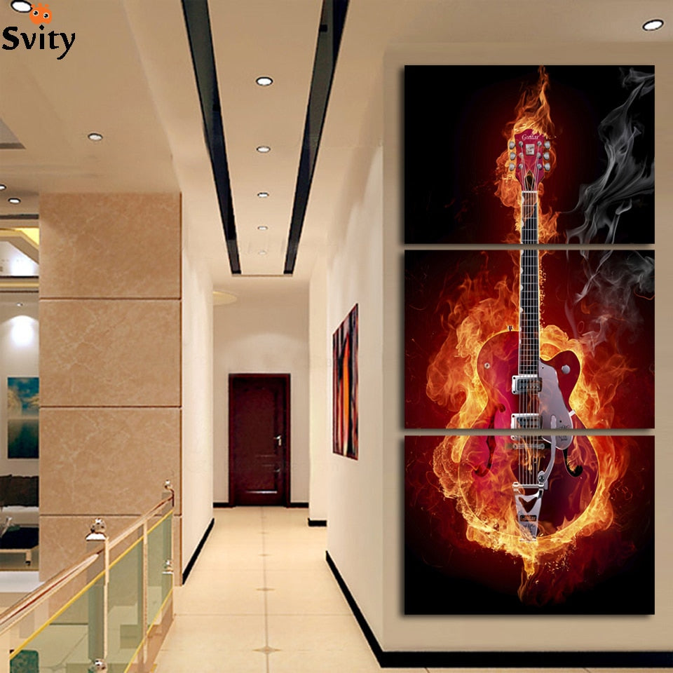 3 Panel Wall Painting Black Burning Guitar