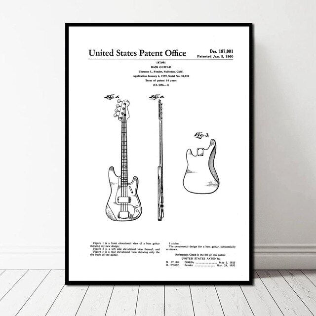 Fender Bass Guitar Patent Art Canvas Poster