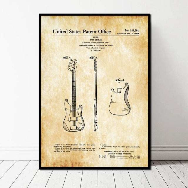 Fender Bass Guitar Patent Art Canvas Poster