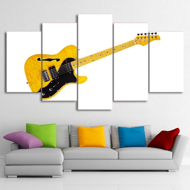 5 Pieces Yellow Guitar Painting White Wall Art Poster