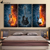 3 Panels Canvas Black Burning Fire Guitar