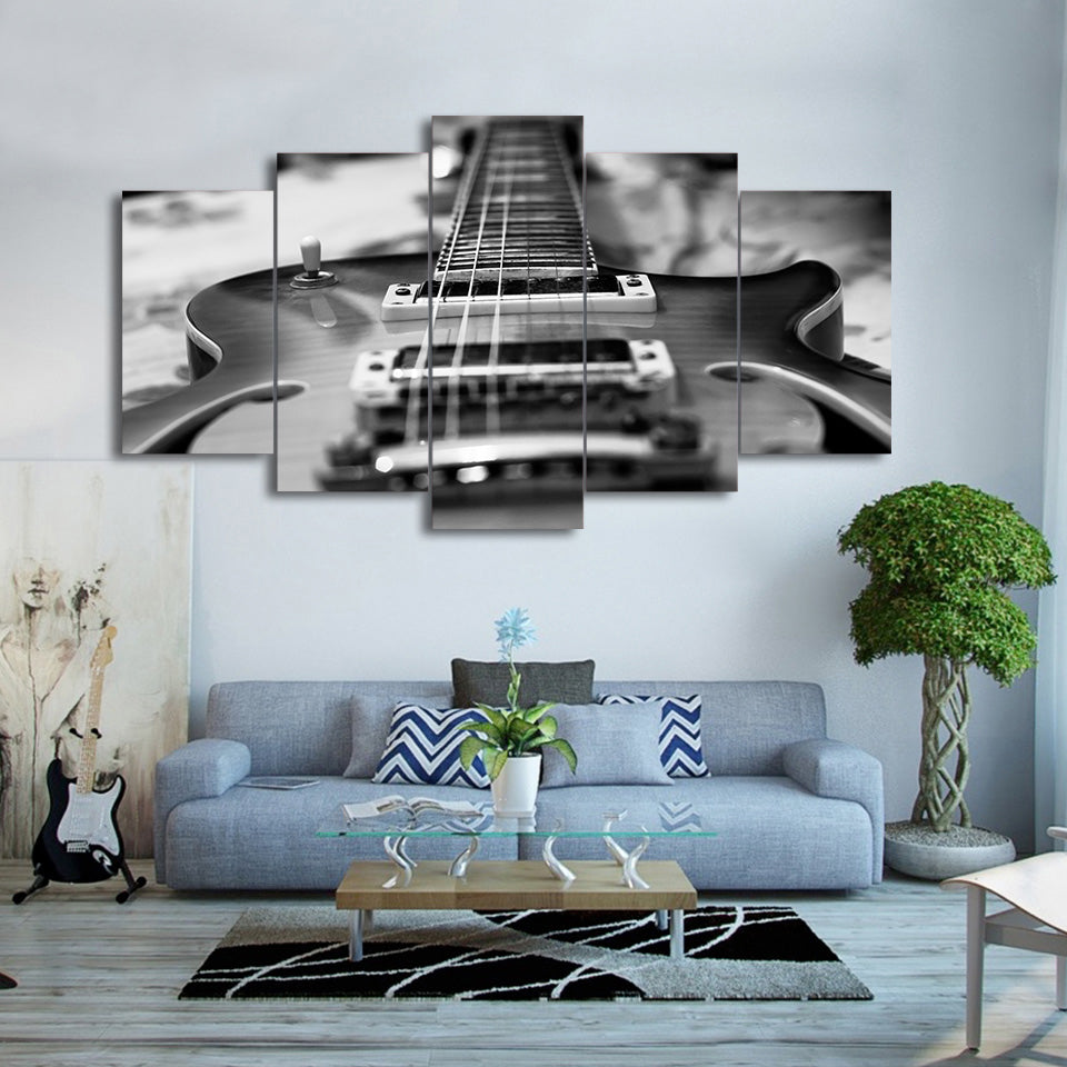 5 Piece Canvas Art Guitar Painting Black And White Picture