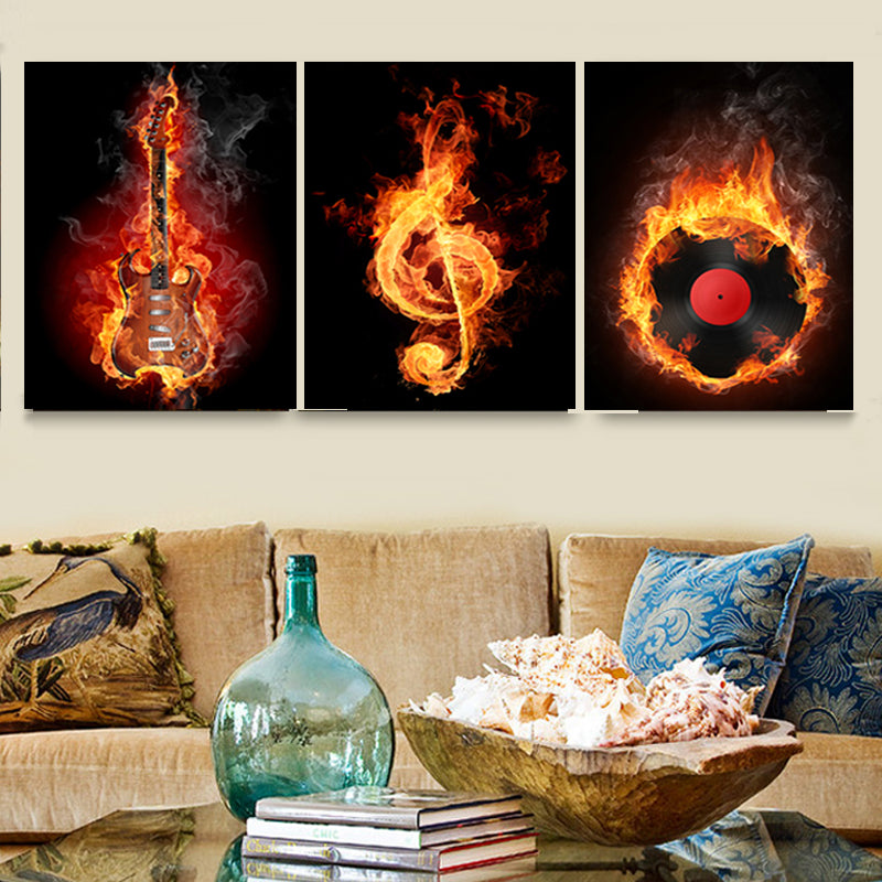 3 Piece Black Burning Guitar Canvas