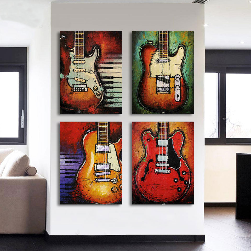 4 Piece Canvas Art Music Guitar Oil Painting