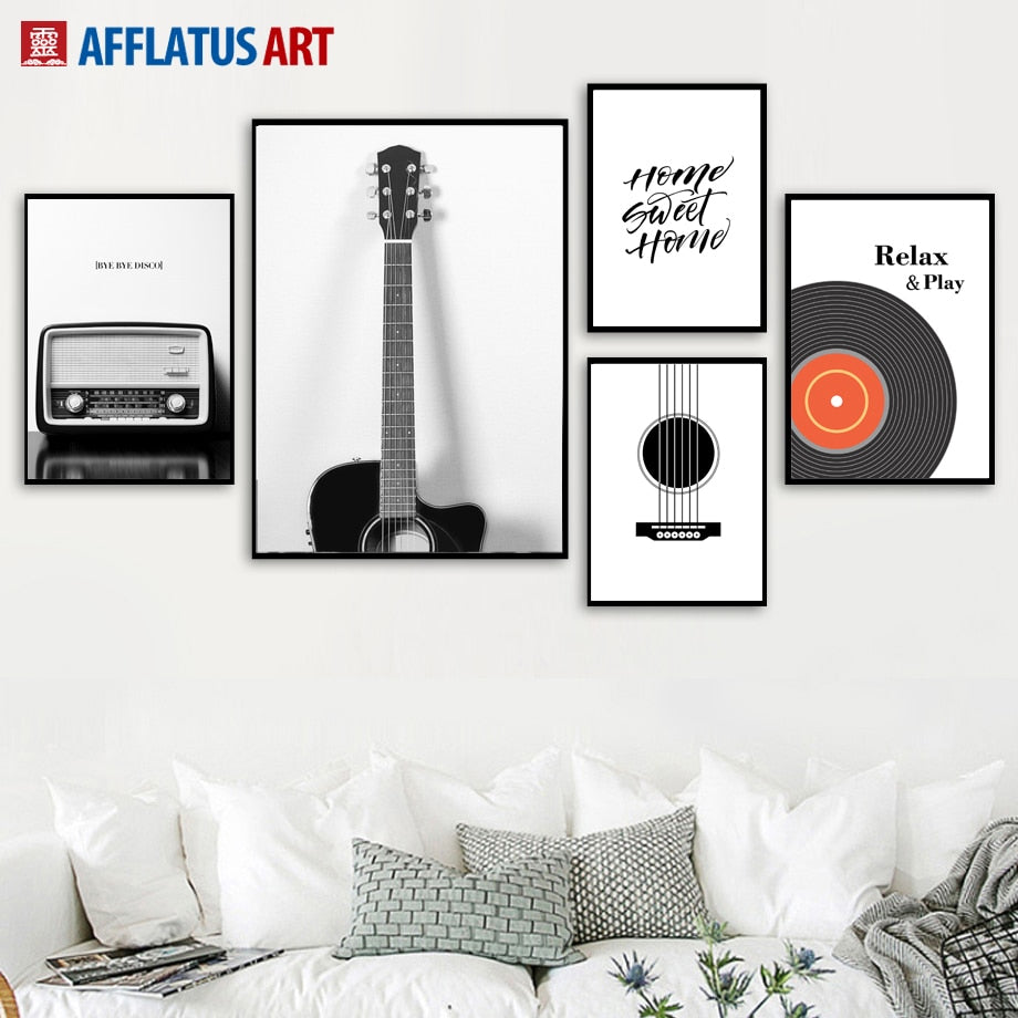 Guitar Radio Vinyl Records Canvas Painting