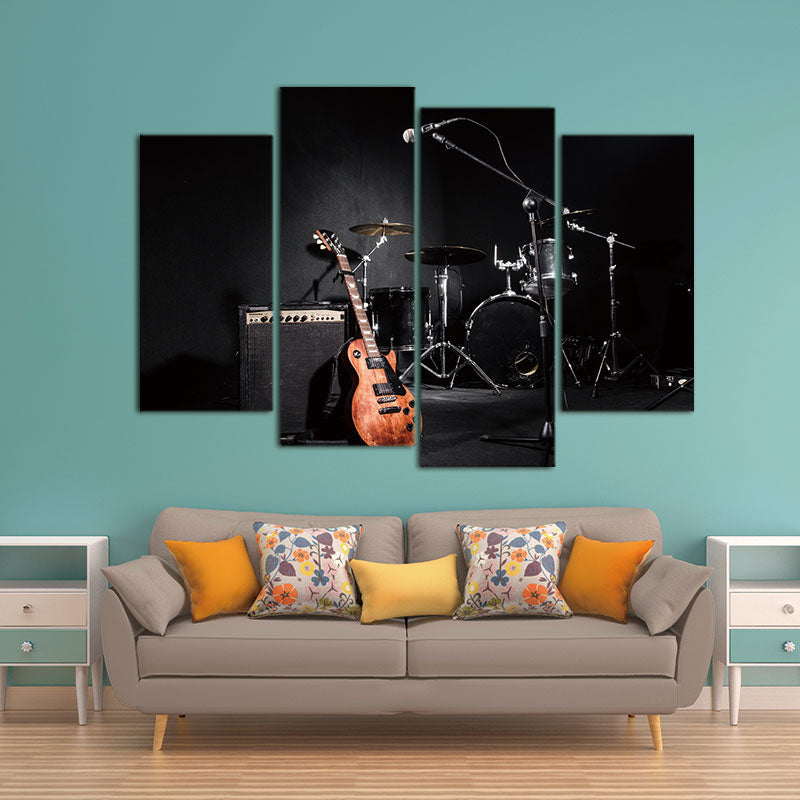 4 Panel Wall Art Guitar And Shelf Drum Painting